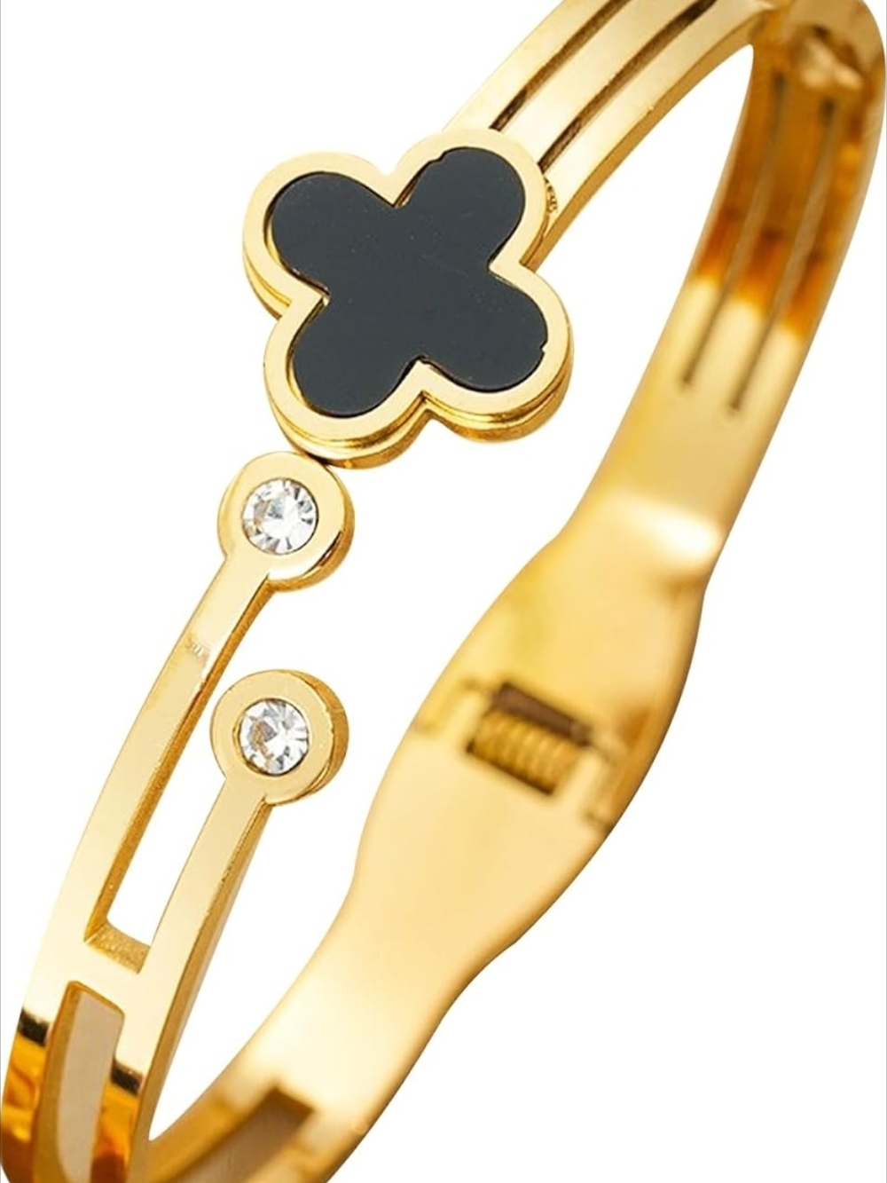Gold Bracelet with Black Clover Accent and Crystal Details
